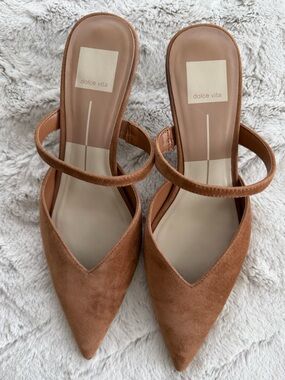 Dolce Vita Cognac Suede Pointed-Toe Heeled Mules with Strap